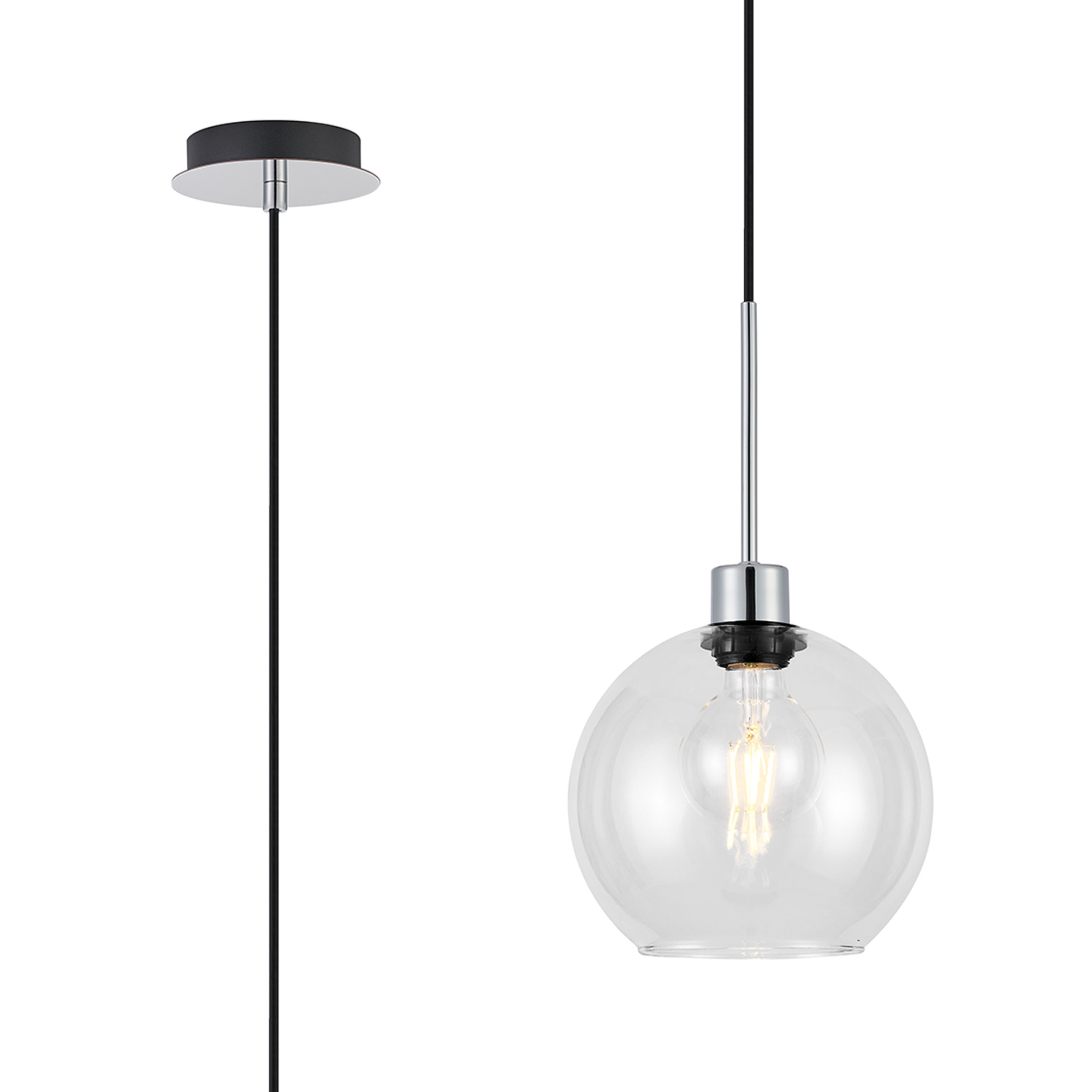 DK1261  Lori 1.7m Single Pendant, 1 Light Adjustable E27, Polished Chrome/Clear Open Mouth Round Globe Shades